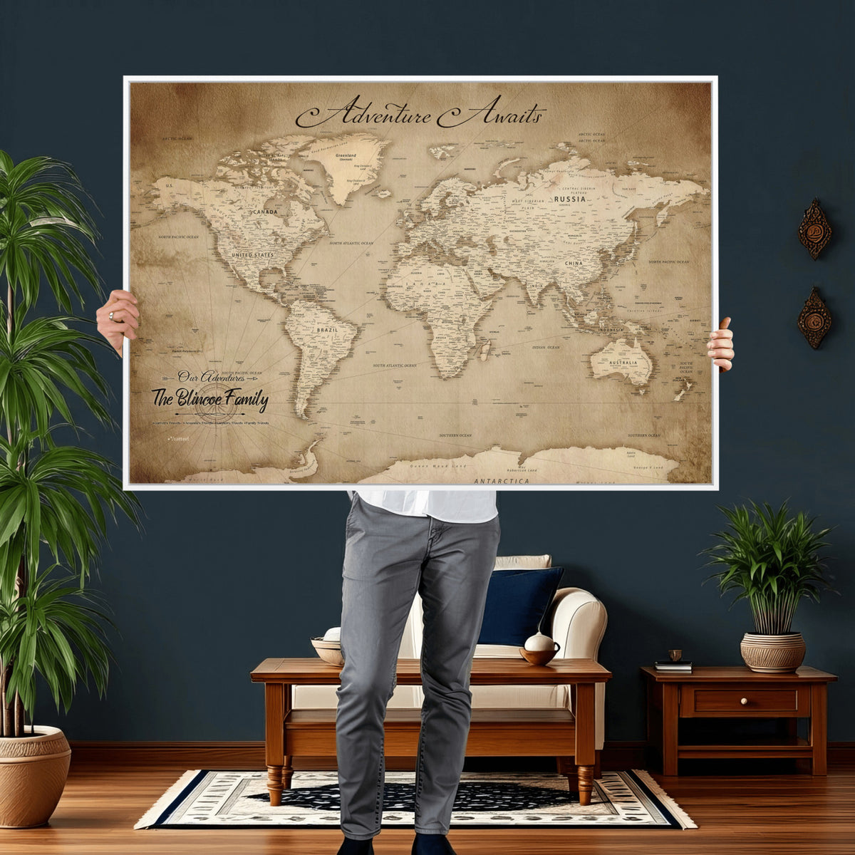 59757370-MGV-CV-36X24 - Personalized Black Modern Push Pin World Map Wall Art, Places Visited Tracker, Family Room and Bedroom Decor