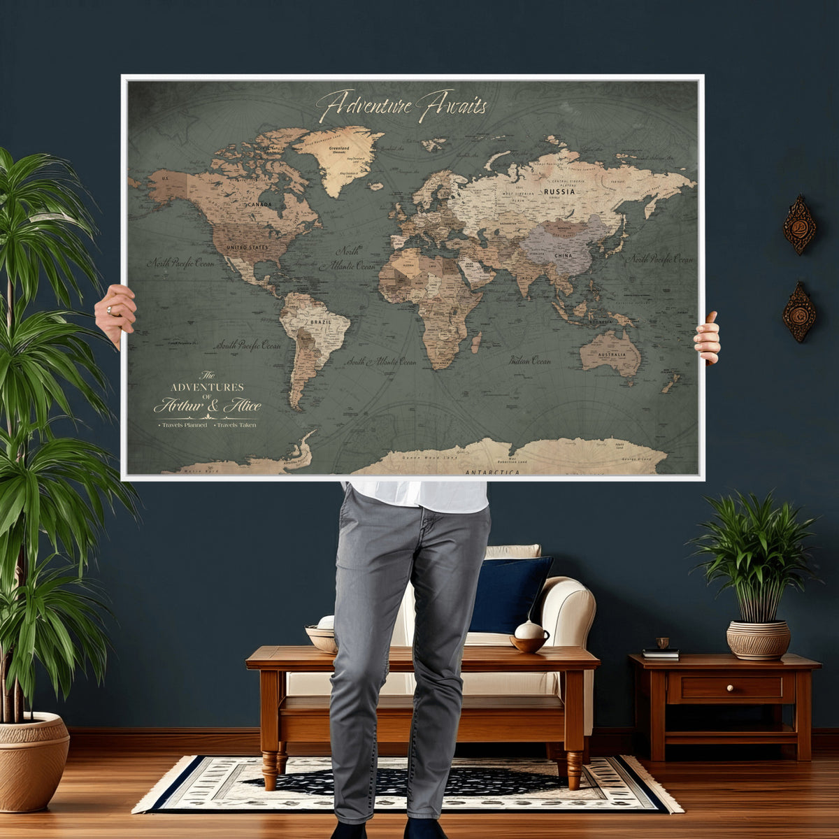 24734446-MGV-CV-36X24 - Personalized Framed Beige Modern World Map Canvas with Push Pins, Bucket List Map, Family Room and Dining Room Decor