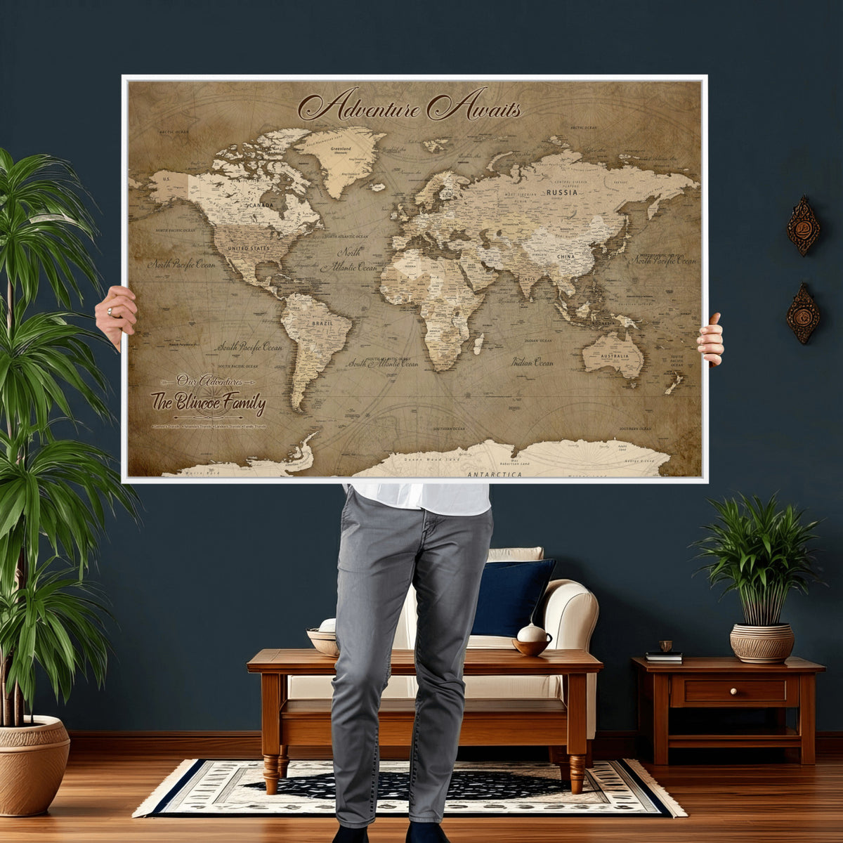 96775856-MGV-CV-36X24 - Custom Beige Modern Push Pin World Map Canvas Print, Family Travel Tracker, Dining Room and Home Office Decor