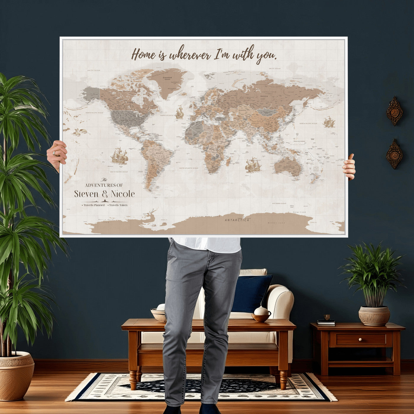 25831578-MGV-CV-36X24 - Custom Push Pin World Map Wall Art Canvas Print – Personalized Travel Tracker with Pins Framed Large for Home and Office Decor