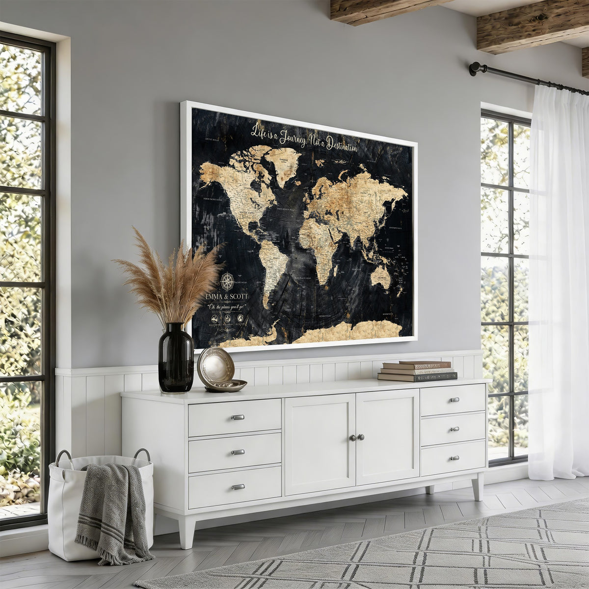 77472096-MGV-CV-36X24 - Custom Black Modern Push Pin World Map Wall Art, Next Trip Planner Map, Home Office and Entryway Decor