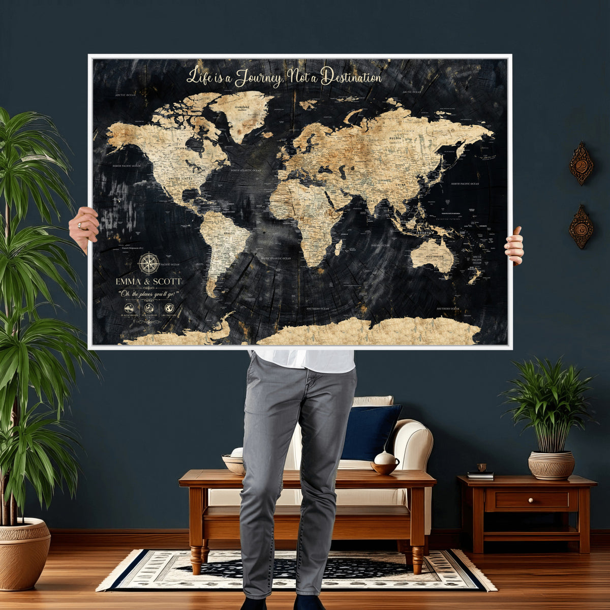 77472096-MGV-CV-36X24 - Custom Push Pin World Map Wall Art Canvas Print | Personalized Travel Tracker with Pins Framed Large for Home and Office Decor