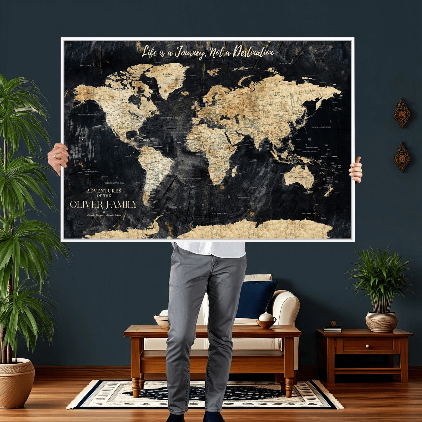 77472096-MGV-CV-36X24 - Custom Push Pin World Map Wall Art Canvas Print – Personalized Travel Tracker with Pins Framed Large for Home and Office Decor