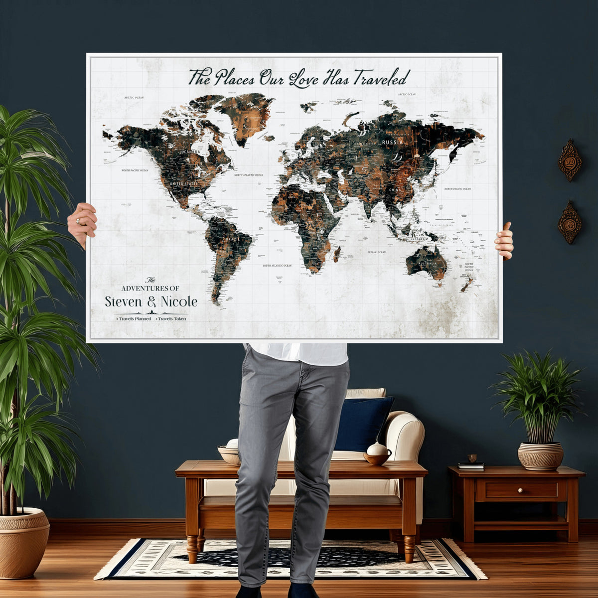 29090064-MGV-CV-36X24 - Personalized Beige Push Pin World Map Canvas Print, Honeymoon and Anniversary Gift, Living Room and Dining Room Decor