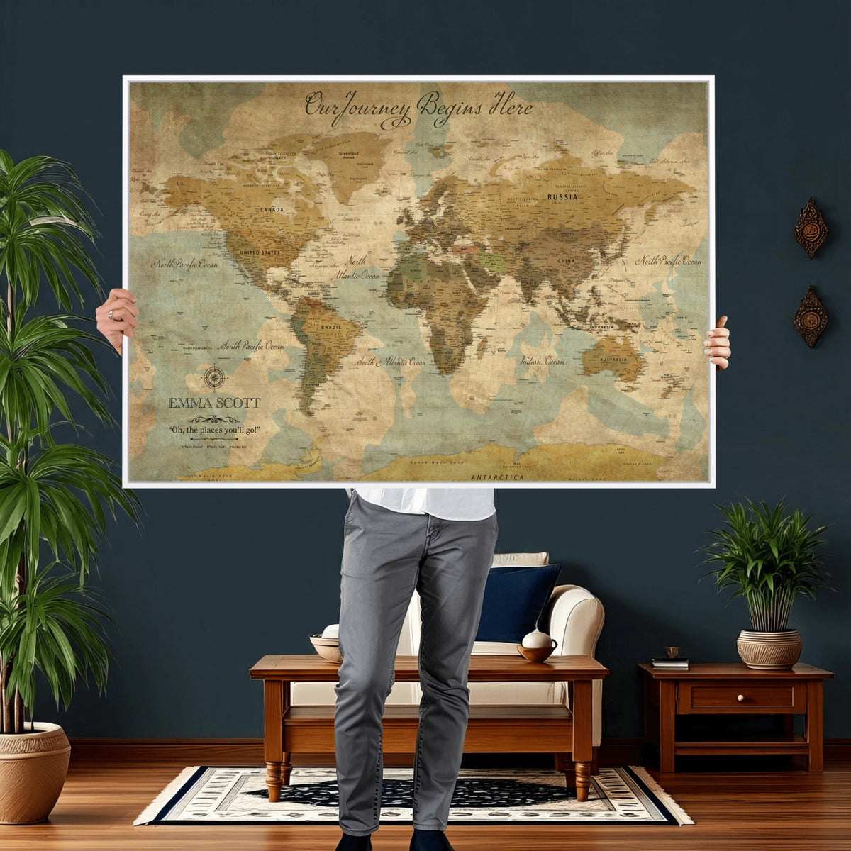 66550749-MGV-CV-36X24 - Custom Push Pin World Map Wall Art Canvas Print | Personalized Travel Tracker with Pins Framed Large for Home and Office Decor