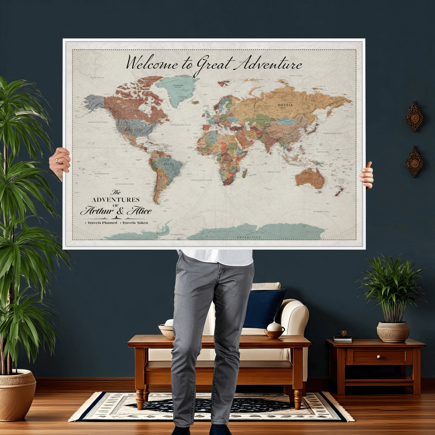 32470528-MGV-CV-36X24 - Custom Push Pin World Map Wall Art Canvas Print – Personalized Travel Tracker with Pins Framed Large for Home and Office Decor