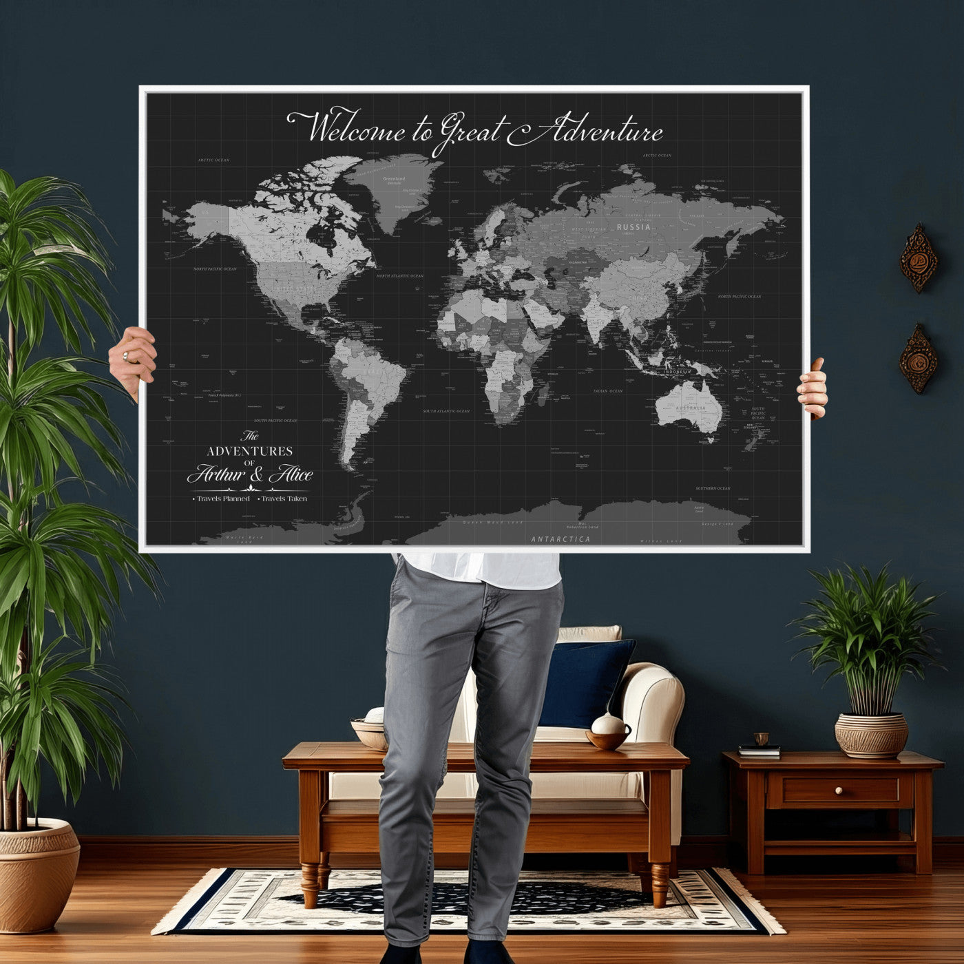 57127599-MGV-CV-36X24 - Custom Push Pin World Map Wall Art Canvas Print – Personalized Travel Tracker with Pins Framed Large for Home and Office Decor
