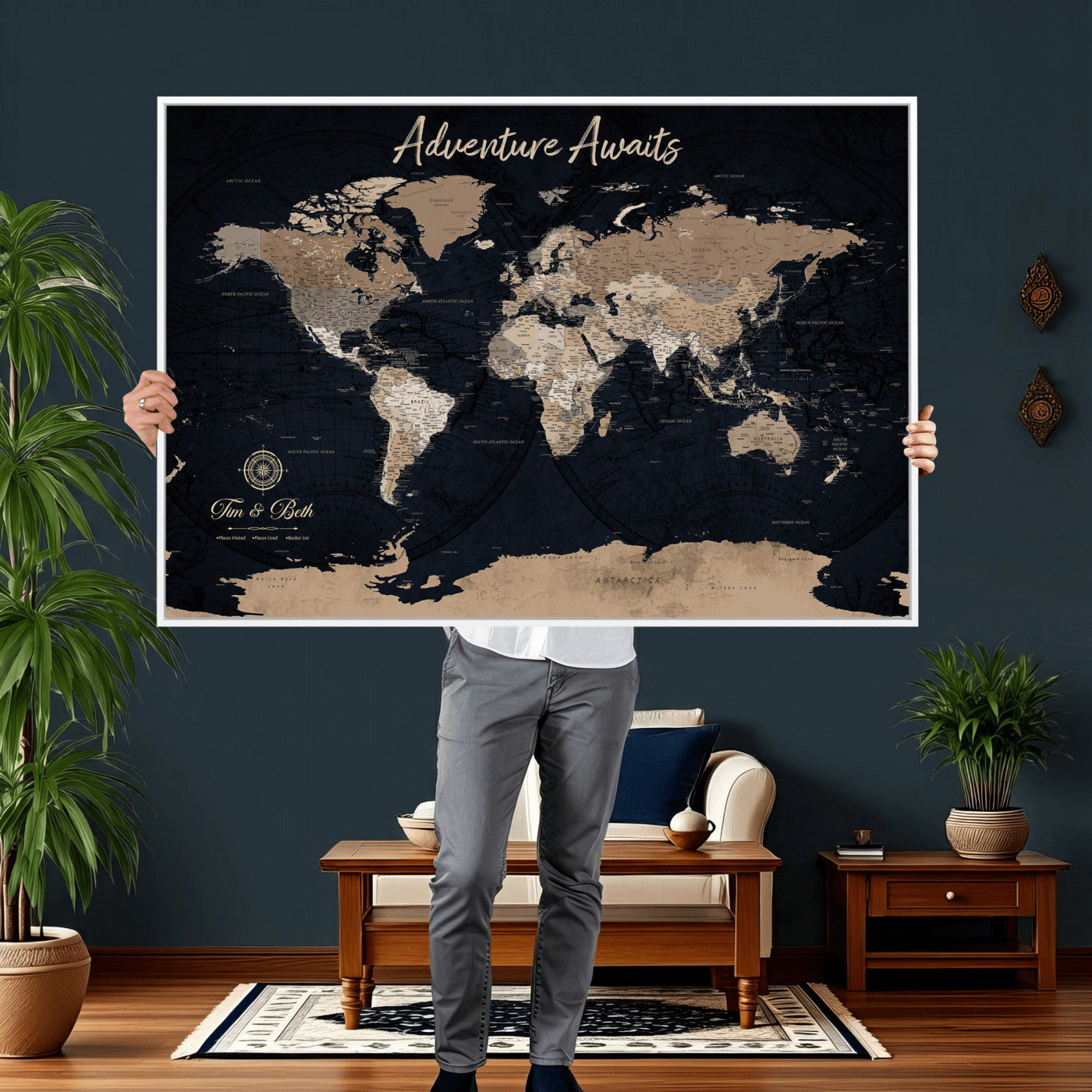 66938317-MGV-CV-36X24 - Custom Push Pin World Map Wall Art Canvas Print – Personalized Travel Tracker with Pins Framed Large for Home and Office Decor