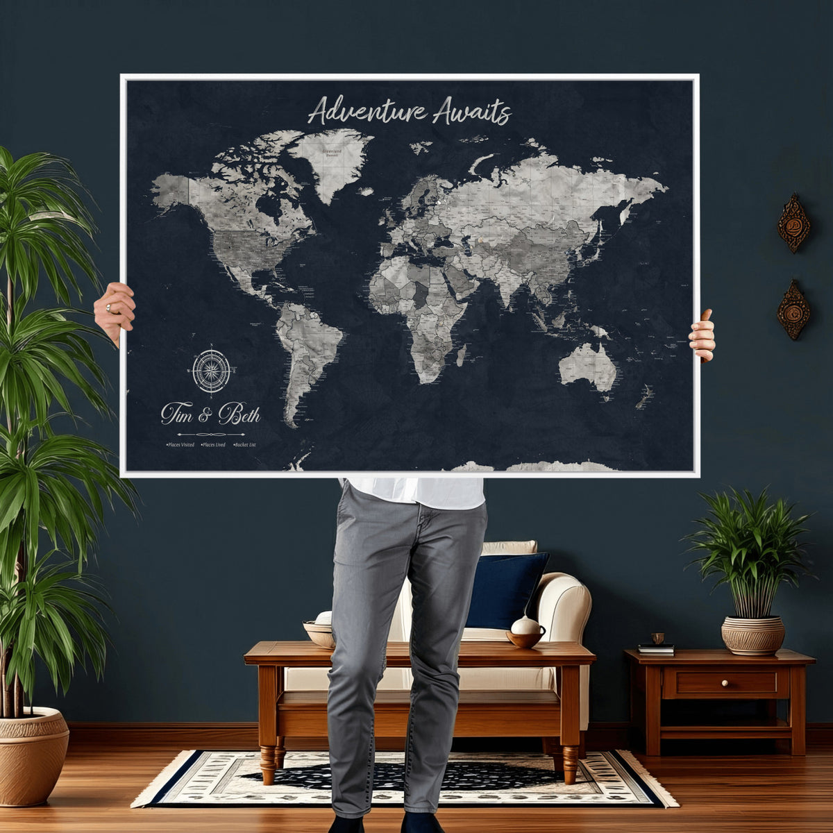 32031089-MGV-CV-36X24 - Custom Push Pin World Map Wall Art Canvas Print | Personalized Travel Tracker with Pins Framed Large for Home and Office Decor