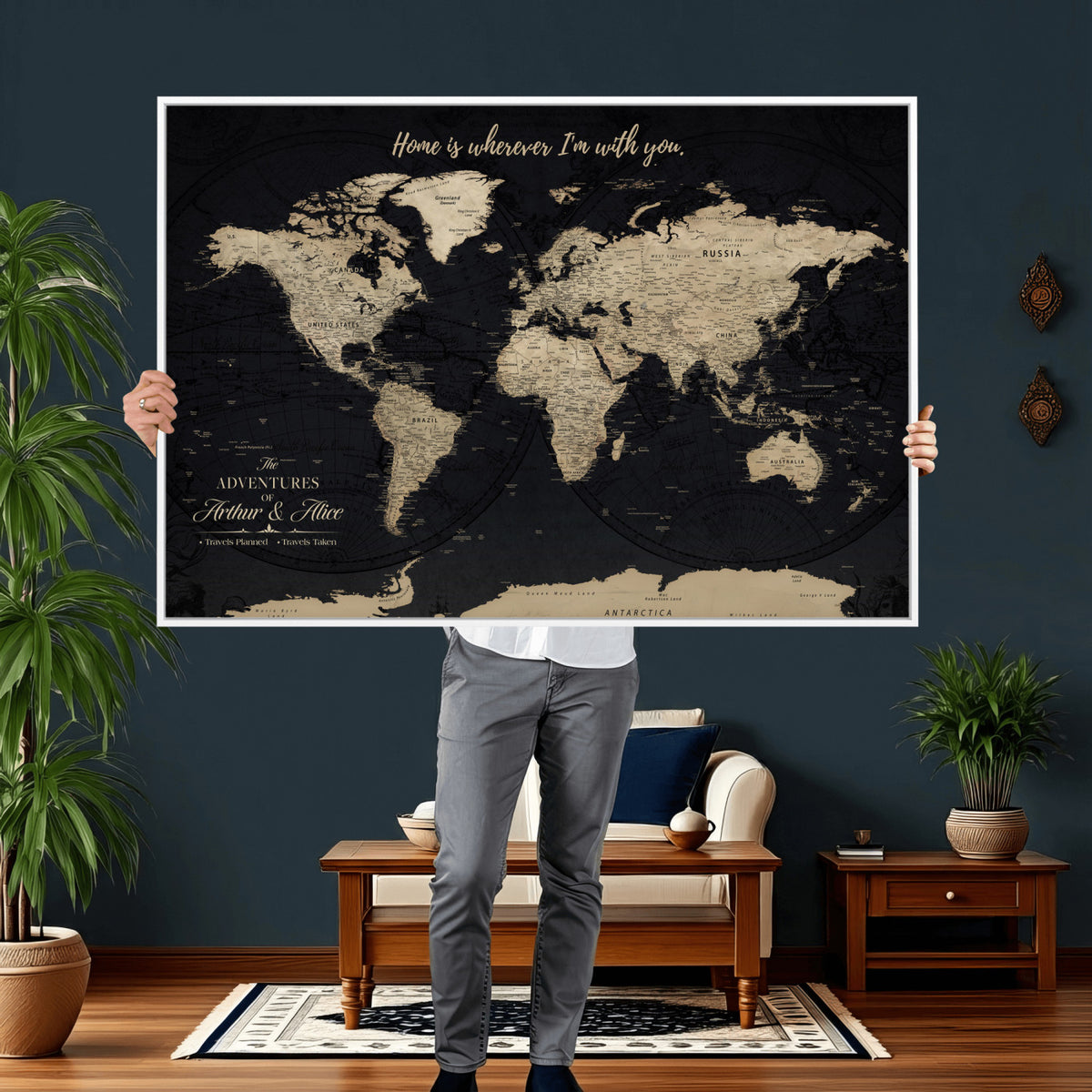 31416046-MGV-CV-36X24 - Custom Framed Beige Vintage Push Pin Travel Map Canvas Print, Honeymoon and Anniversary Gift, Study and Hallway Decor