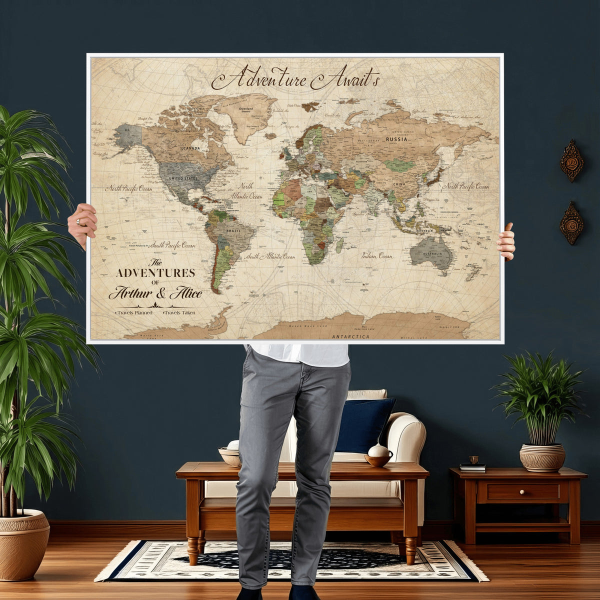 18308111-MGV-CV-36X24 - Custom Push Pin World Map Wall Art Canvas Print | Personalized Travel Tracker with Pins Framed Large for Home and Office Decor