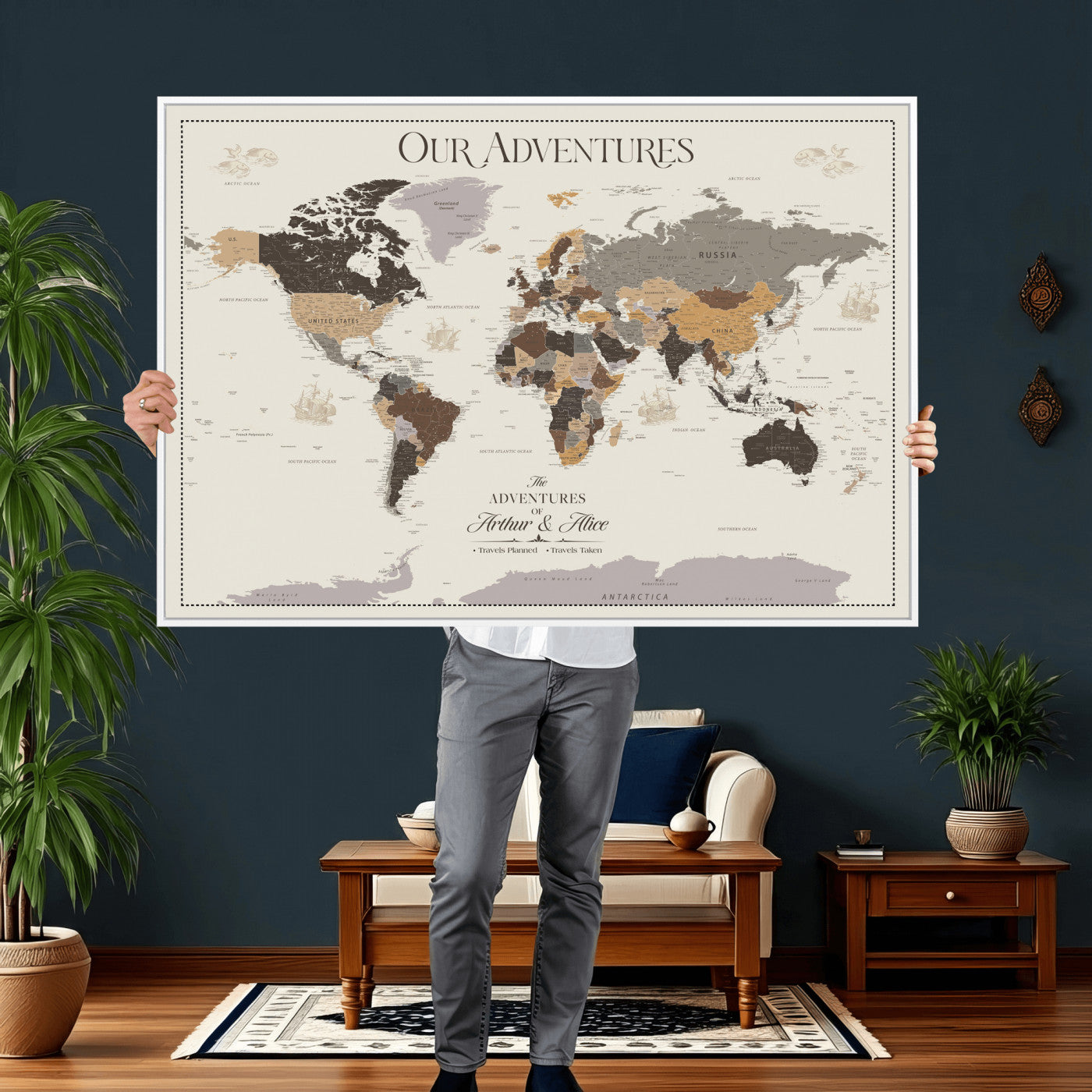 66301646-MGV-CV-36X24 - Custom Push Pin World Map Wall Art Canvas Print – Personalized Travel Tracker with Pins Framed Large for Home and Office Decor