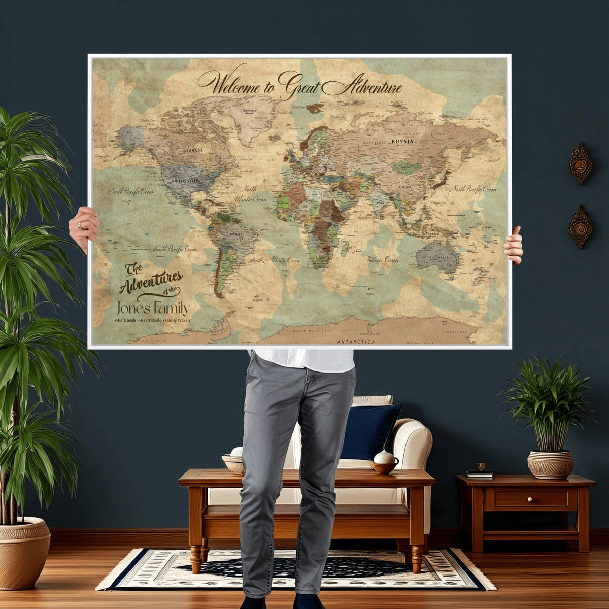 38092909-MGV-CV-36X24 - Personalized Framed Navy Vintage Push Pin World Map Wall Art, Places Visited Tracker, Bedroom and Hallway Decor