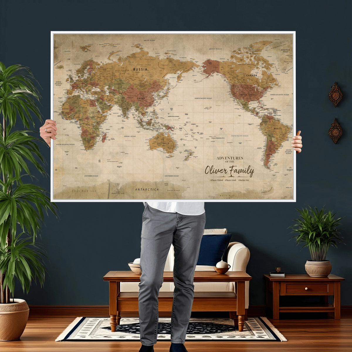 19347393-MGV-CV-36X24 - Personalized Framed Navy Modern World Map Canvas with Push Pins, Bucket List Map, Living Room and Entryway Decor