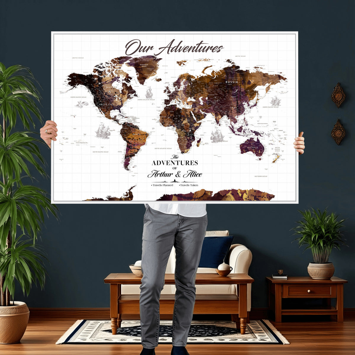95729279-MGV-CV-36X24 - Personalized Framed Beige Vintage Push Pin Travel Map Canvas Print, Next Trip Planner Map, Home Office and Entryway Decor