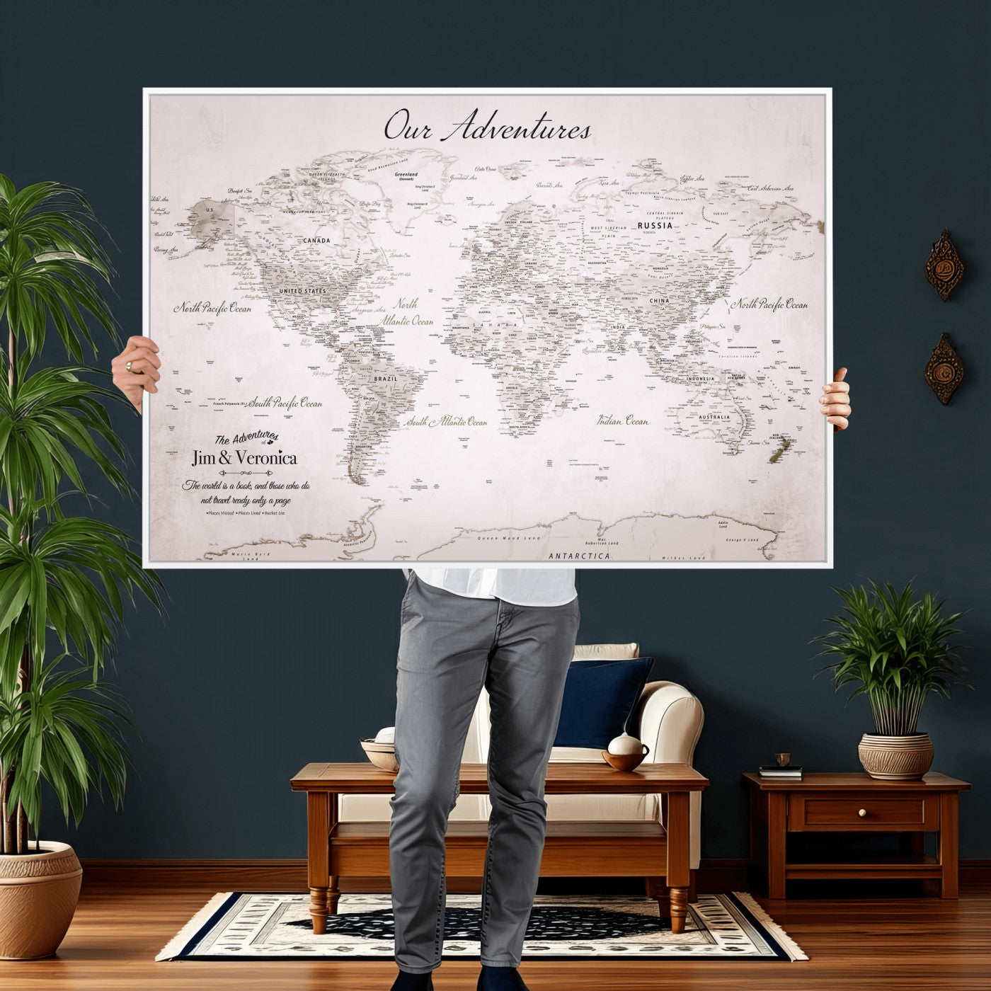 62392749-MGV-CV-36X24 - Custom Push Pin World Map Wall Art Canvas Print – Personalized Travel Tracker with Pins Framed Large for Home and Office Decor