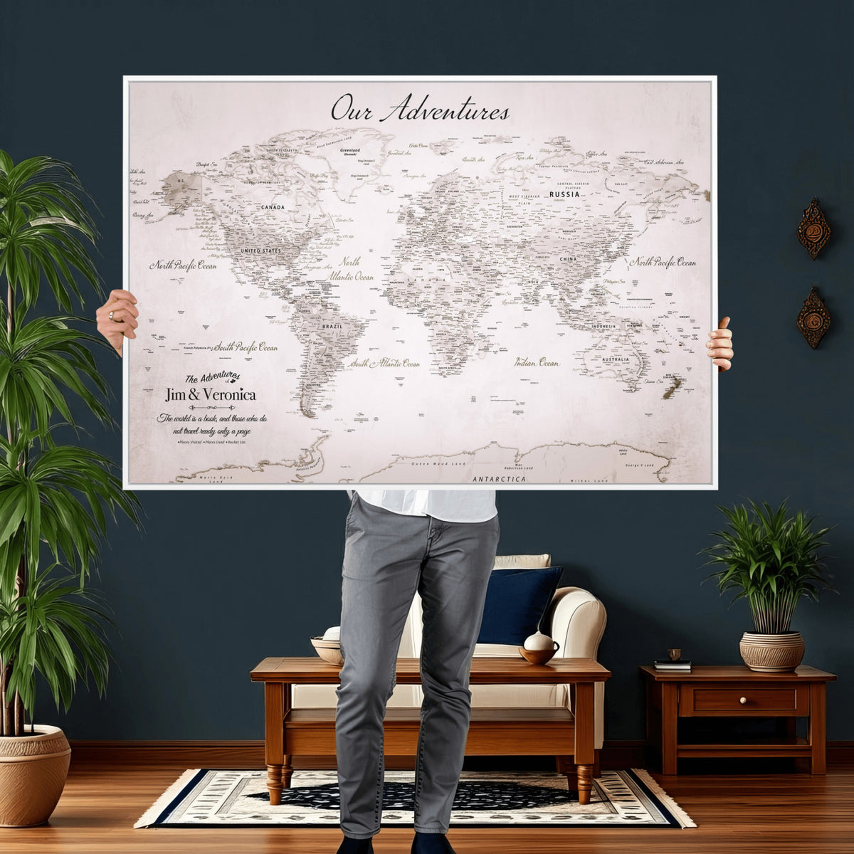 62392749-MGV-CV-36X24 - Personalized Beige Vintage World Travel Map Wall Art with Pins, Honeymoon and Anniversary Gift, Entryway and Hallway Decor