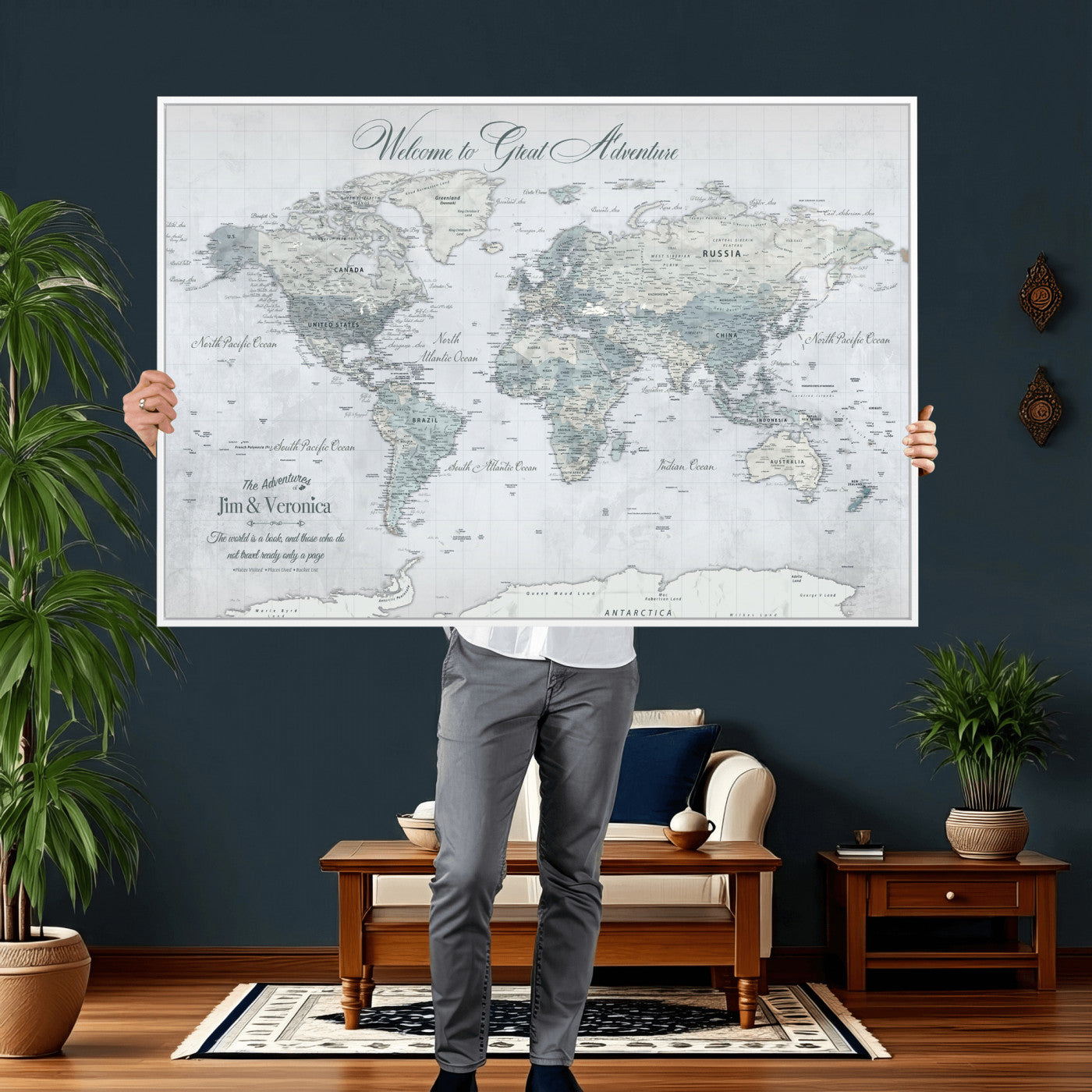 55391088-MGV-CV-36X24 - Custom Push Pin World Map Wall Art Canvas Print – Personalized Travel Tracker with Pins Framed Large for Home and Office Decor