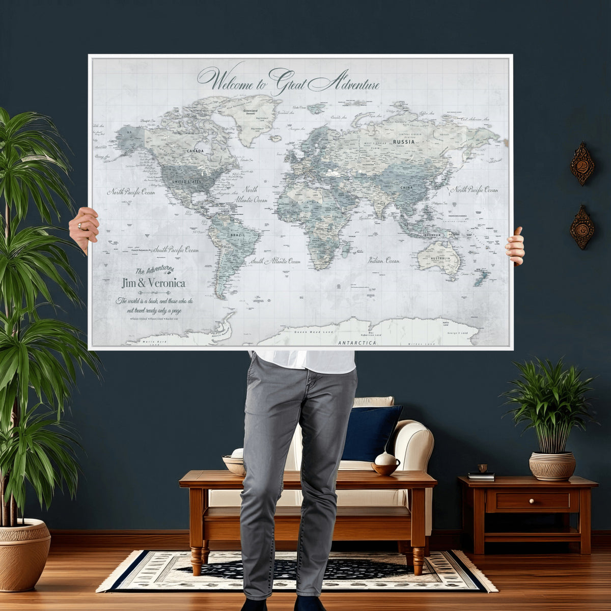 55391088-MGV-CV-36X24 - Personalized Beige Antique Push Pin World Map Canvas Print, Family Travel Tracker, Family Room and Entryway Decor