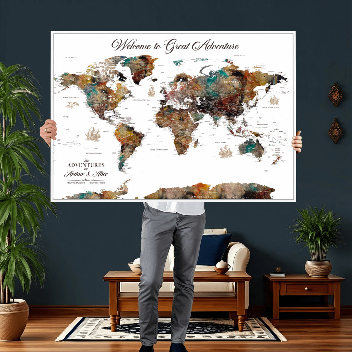20271103-MGV-CV-36X24 - Custom Framed Beige Modern Push Pin World Map Wall Art, Couples Countries Visited Map, Study and Entryway Decor
