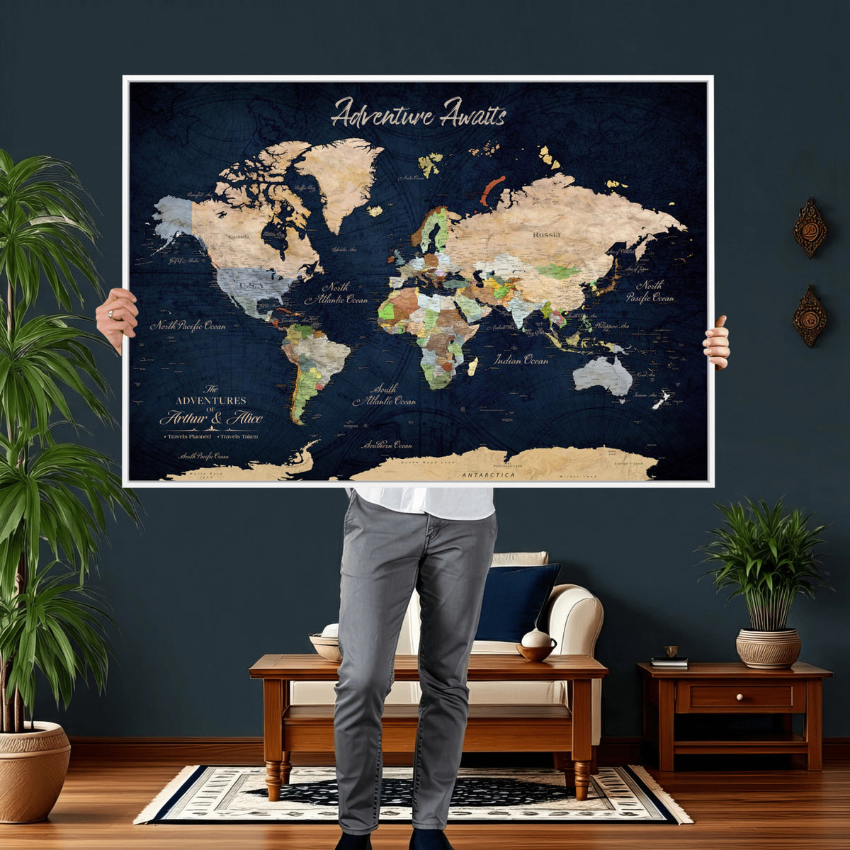 39120422-MGV-CV-36X24 - Personalized Beige Antique Push Pin Travel Map Canvas Print, Bucket List Map, Dining Room and Entryway Decor