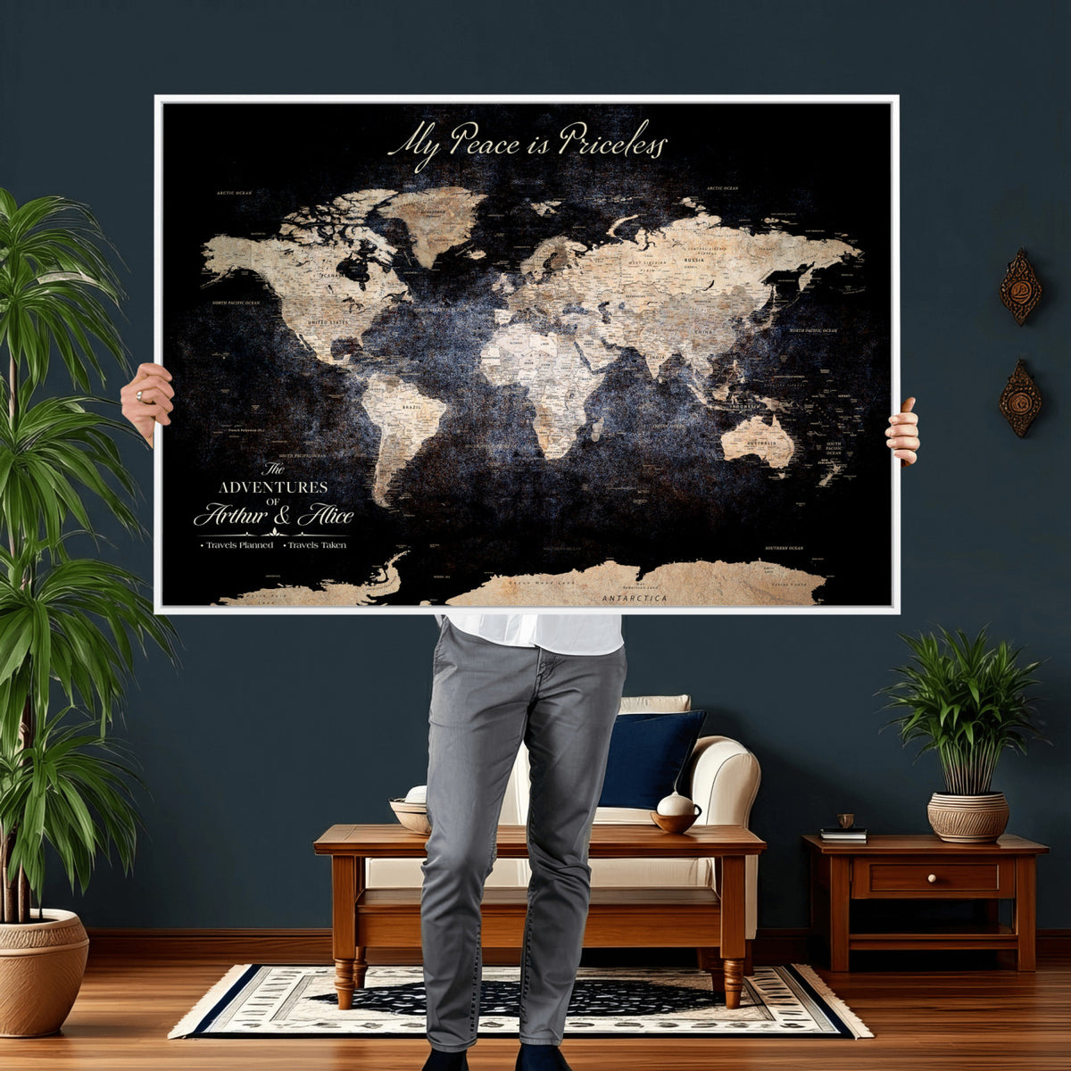 38689152-MGV-CV-36X24 - Personalized Beige World Map Canvas with Push Pins, Couples Countries Visited Map, Study and Hallway Decor