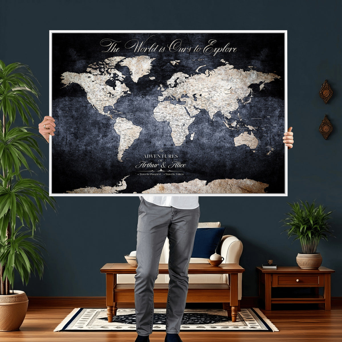 78489746-MGV-CV-36X24 - Custom Push Pin World Map Wall Art Canvas Print | Personalized Travel Tracker with Pins Framed Large for Home and Office Decor