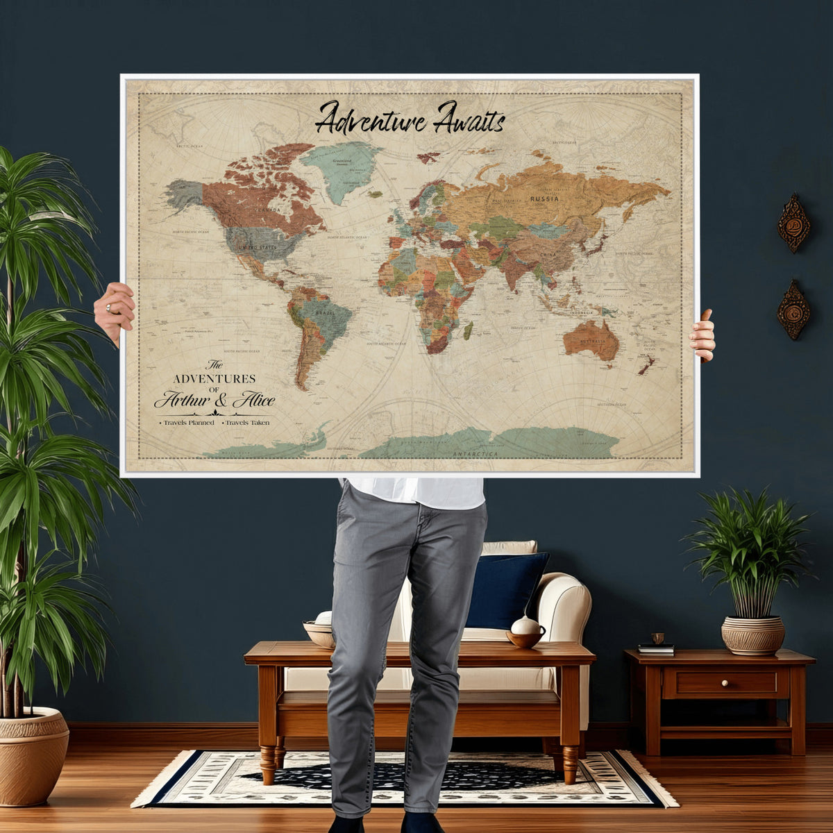 10741176-MGV-CV-36X24 - Custom Push Pin World Map Wall Art Canvas Print | Personalized Travel Tracker with Pins Framed Large for Home and Office Decor