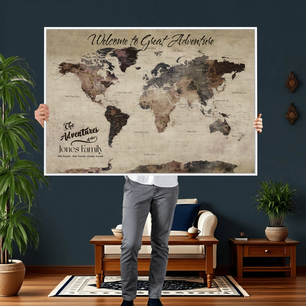 25688366-MGV-CV-36X24 - Custom Push Pin World Map Wall Art Canvas Print | Personalized Travel Tracker with Pins Framed Large for Home and Office Decor