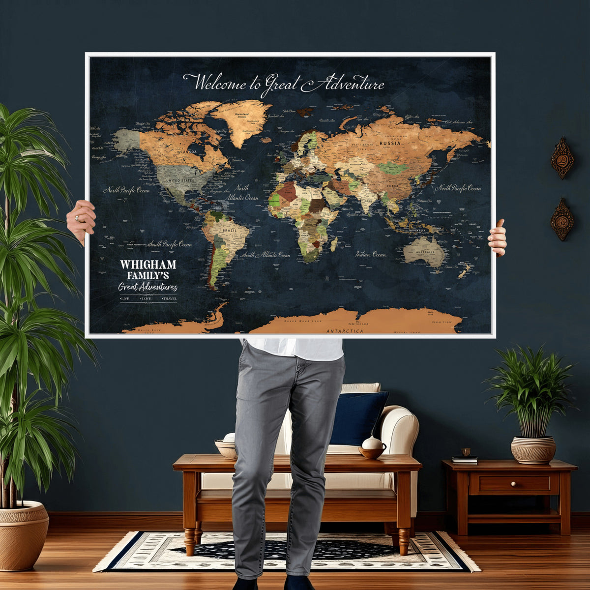 66788995-MGV-CV-36X24 - Custom Push Pin World Map Wall Art Canvas Print | Personalized Travel Tracker with Pins Framed Large for Home and Office Decor