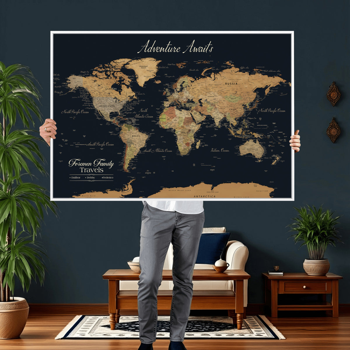 31781393-MGV-CV-36X24 - Custom Push Pin World Map Wall Art Canvas Print | Personalized Travel Tracker with Pins Framed Large for Home Decor