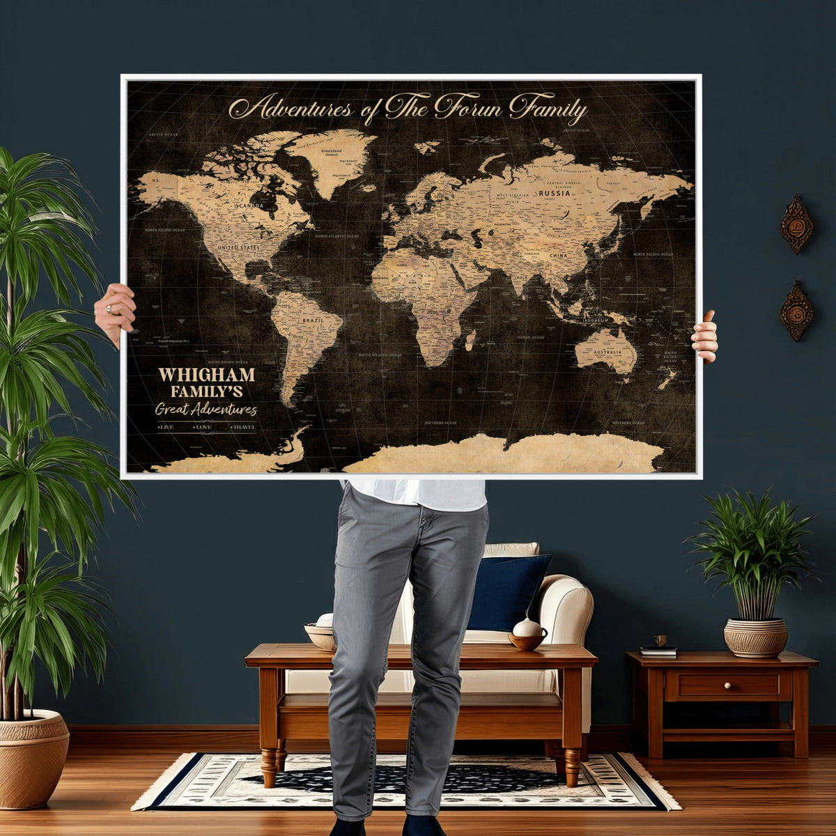 69635819-MGV-CV-36X24 - Custom Push Pin World Map Wall Art Canvas Print | Personalized Travel Tracker with Pins Framed Large for Home and Office Decor