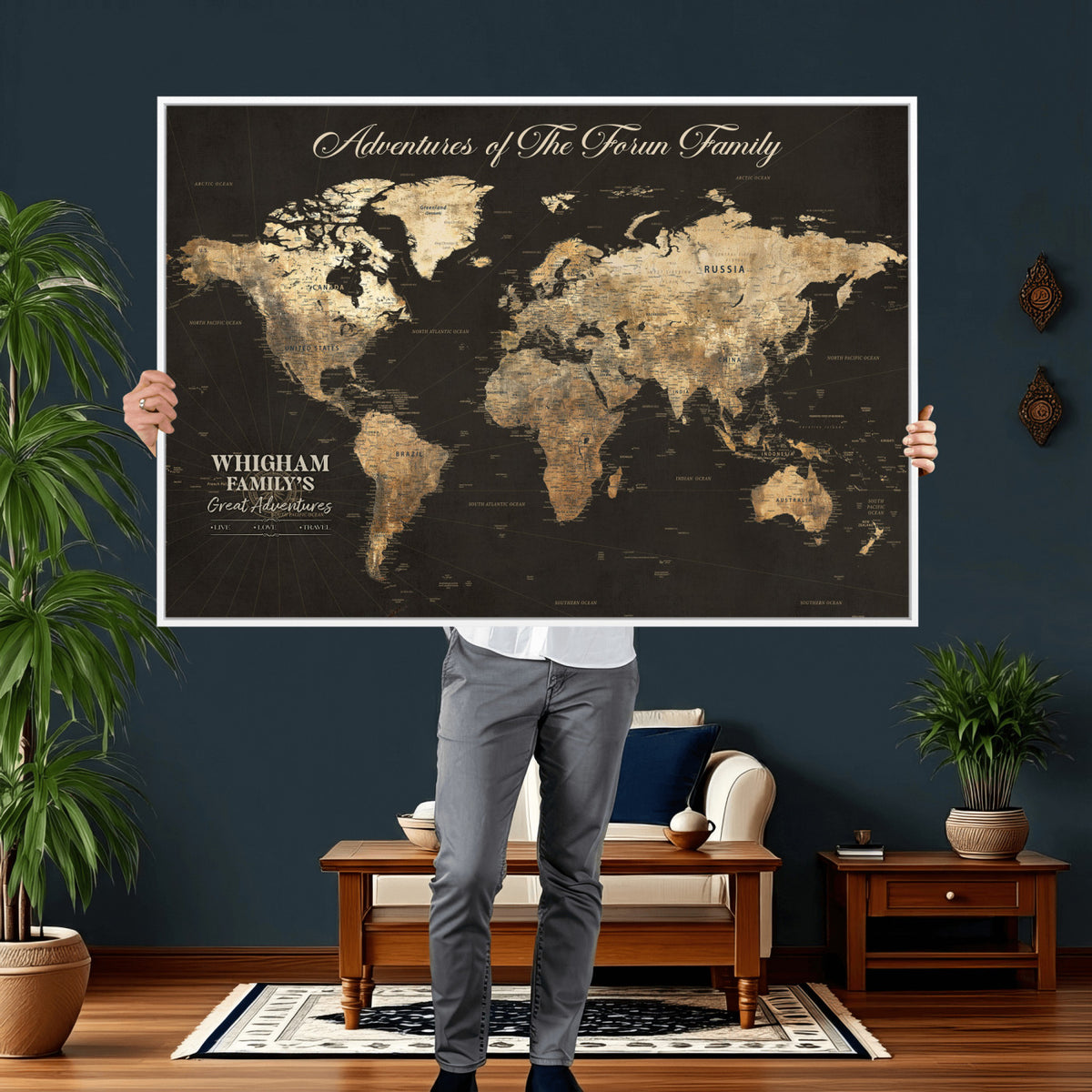 80238567-MGV-CV-36X24 - Custom Push Pin World Map Wall Art Canvas Print | Personalized Travel Tracker with Pins Framed Large for Home and Office Decor