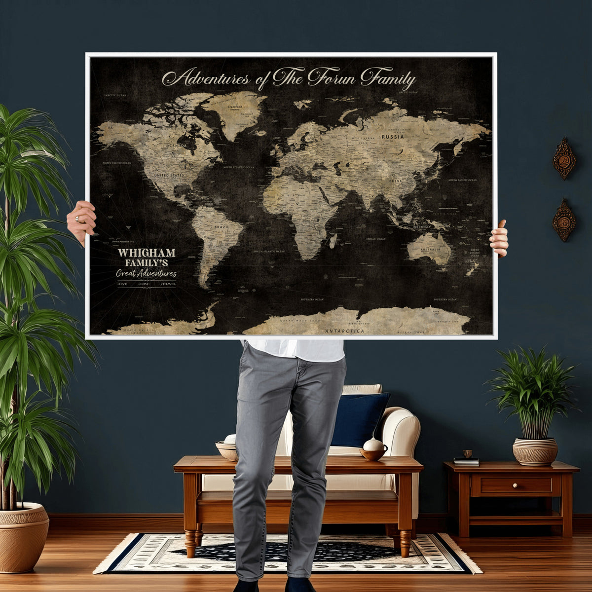 26348249-MGV-CV-36X24 - Custom Push Pin World Map Wall Art Canvas Print | Personalized Travel Tracker with Pins Framed Large for Home and Office Decor