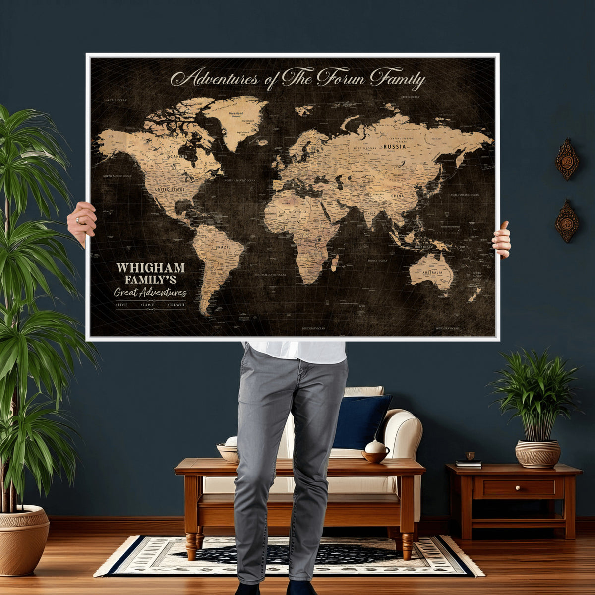 68639184-MGV-CV-36X24 - Custom Push Pin World Map Wall Art Canvas Print | Personalized Travel Tracker with Pins Framed Large for Home and Office Decor