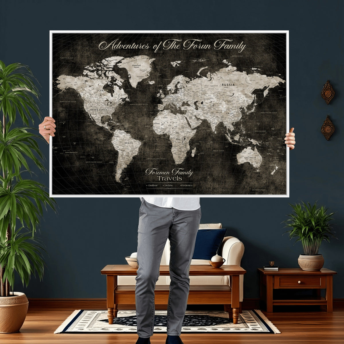 73767525-MGV-CV-36X24 - Custom Push Pin World Map Wall Art Canvas Print | Personalized Travel Tracker with Pins Framed Large for Home and Office Decor