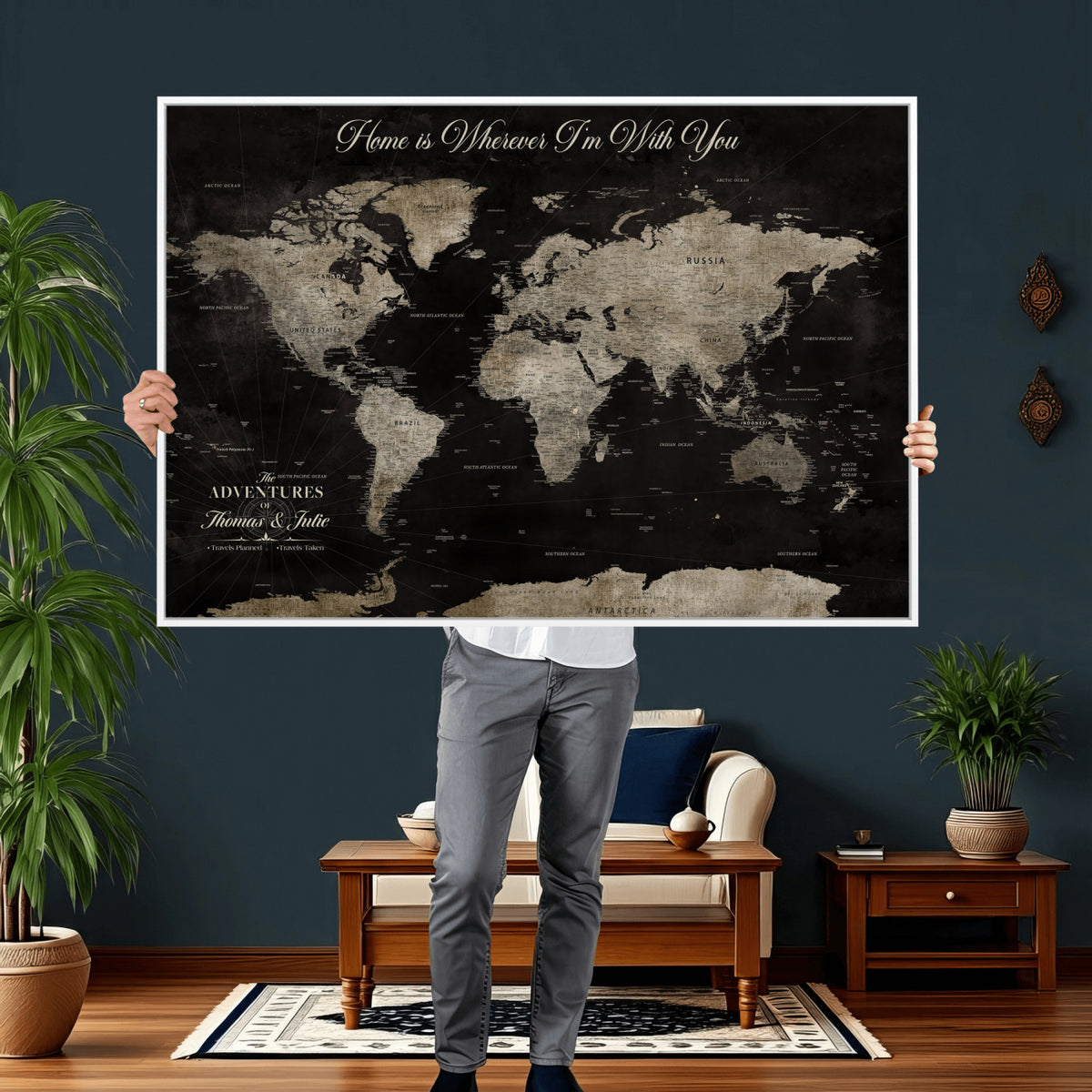 28461537-MGV-CV-36X24 - Personalized Framed Black Geometric World Map Canvas with Push Pins, Bucket List Map, Living Room and Dining Room Decor