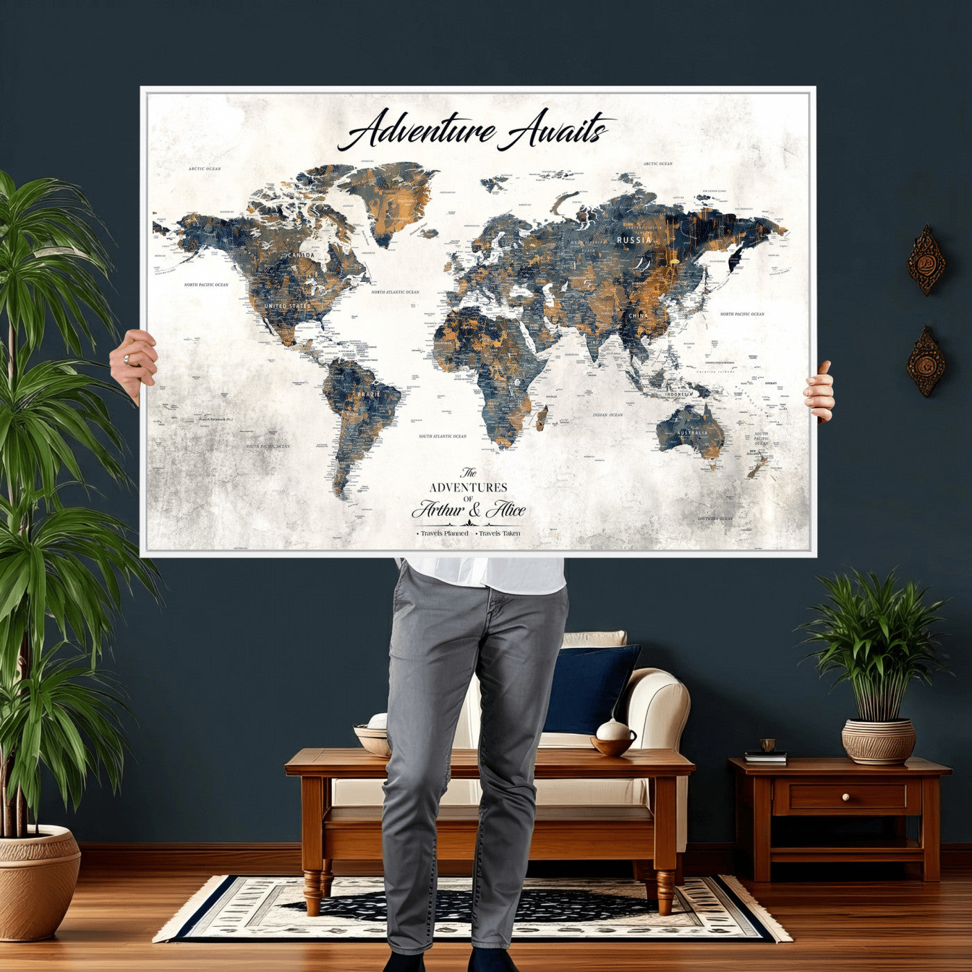 26041262-MGV-CV-36X24 - Custom Push Pin World Map Wall Art Canvas Print – Personalized Travel Tracker with Pins Framed Large for Home and Office Decor