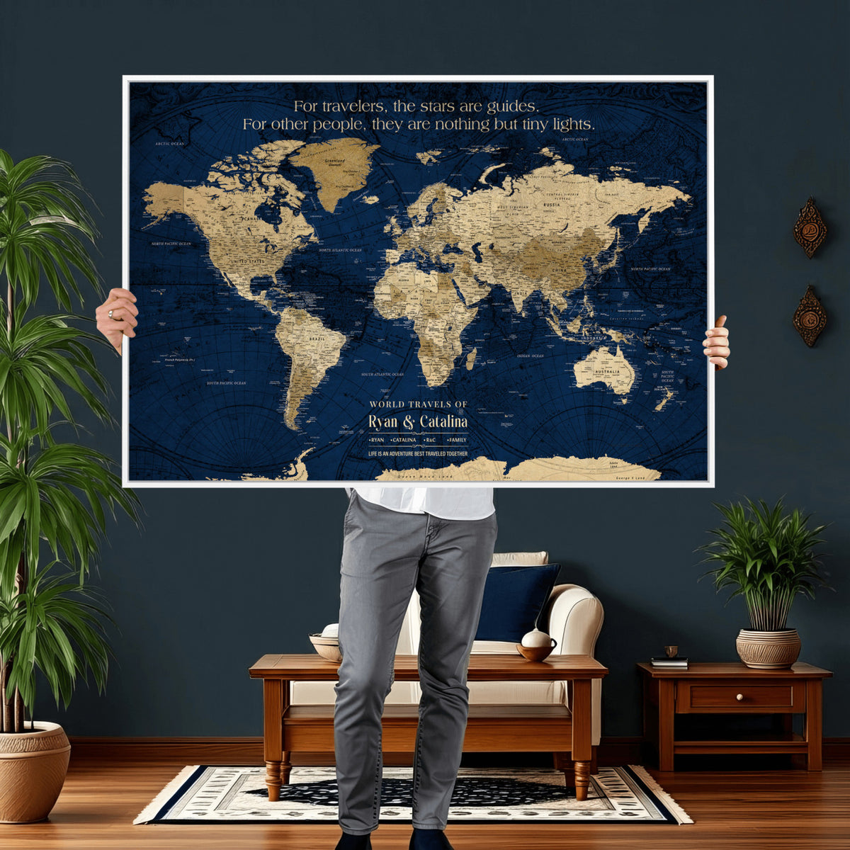 71667510-MGV-CV-36X24 - Custom Push Pin World Map Wall Art Canvas Print | Personalized Travel Tracker with Pins Framed Large for Home and Office Decor