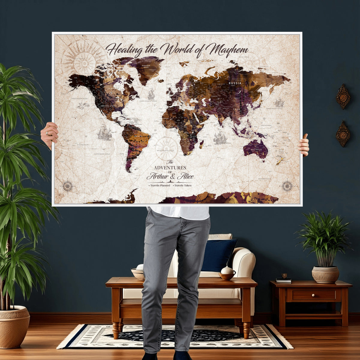 20154714-MGV-CV-36X24 - Custom Push Pin World Map Wall Art Canvas Print | Personalized Travel Tracker with Pins Framed Large for Home and Office Decor