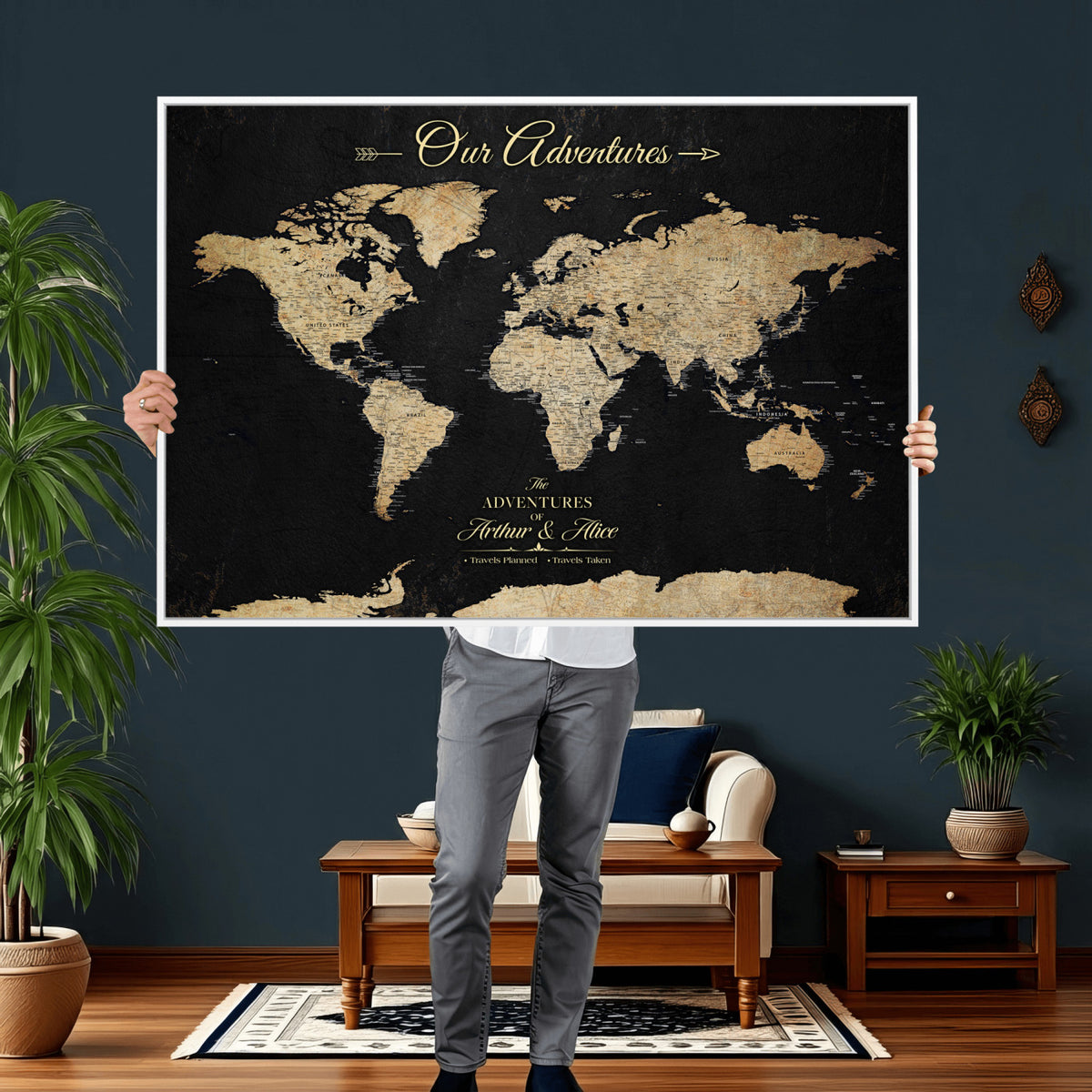 54638998-MGV-CV-36X24 - Custom Push Pin World Map Wall Art Canvas Print | Personalized Travel Tracker with Pins Framed Large for Home and Office Decor