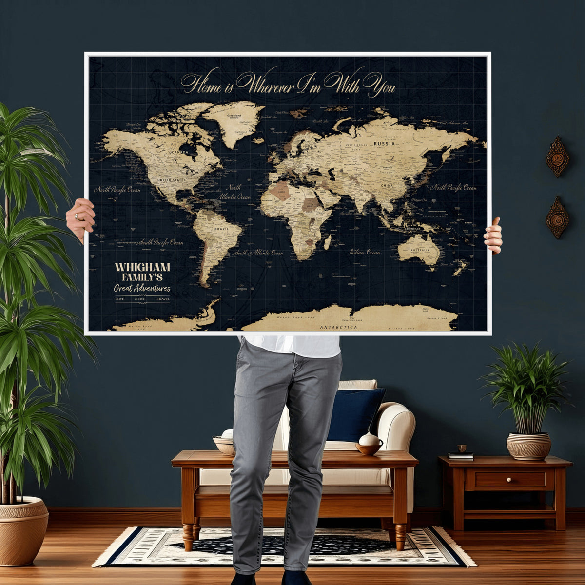 86888698-MGV-CV-36X24 - Custom Push Pin World Map Wall Art Canvas Print | Personalized Travel Tracker with Pins Framed Large for Home and Office Decor