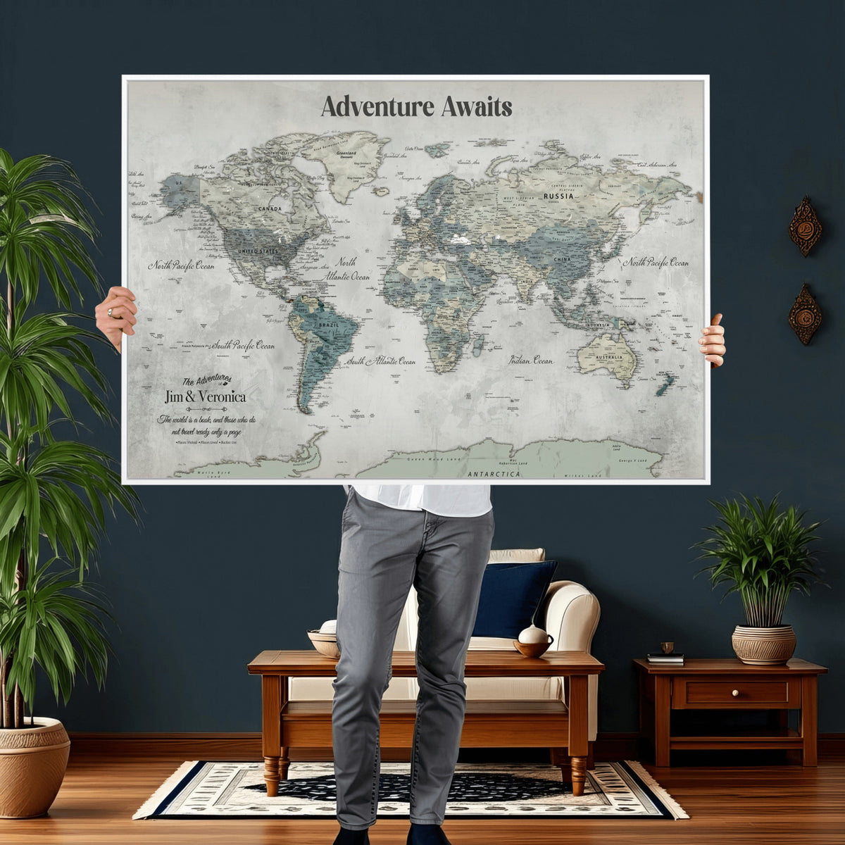 11945570-MGV-CV-36X24 - Custom Push Pin World Map Wall Art Canvas Print | Personalized Travel Tracker with Pins Framed Large for Home and Office Decor