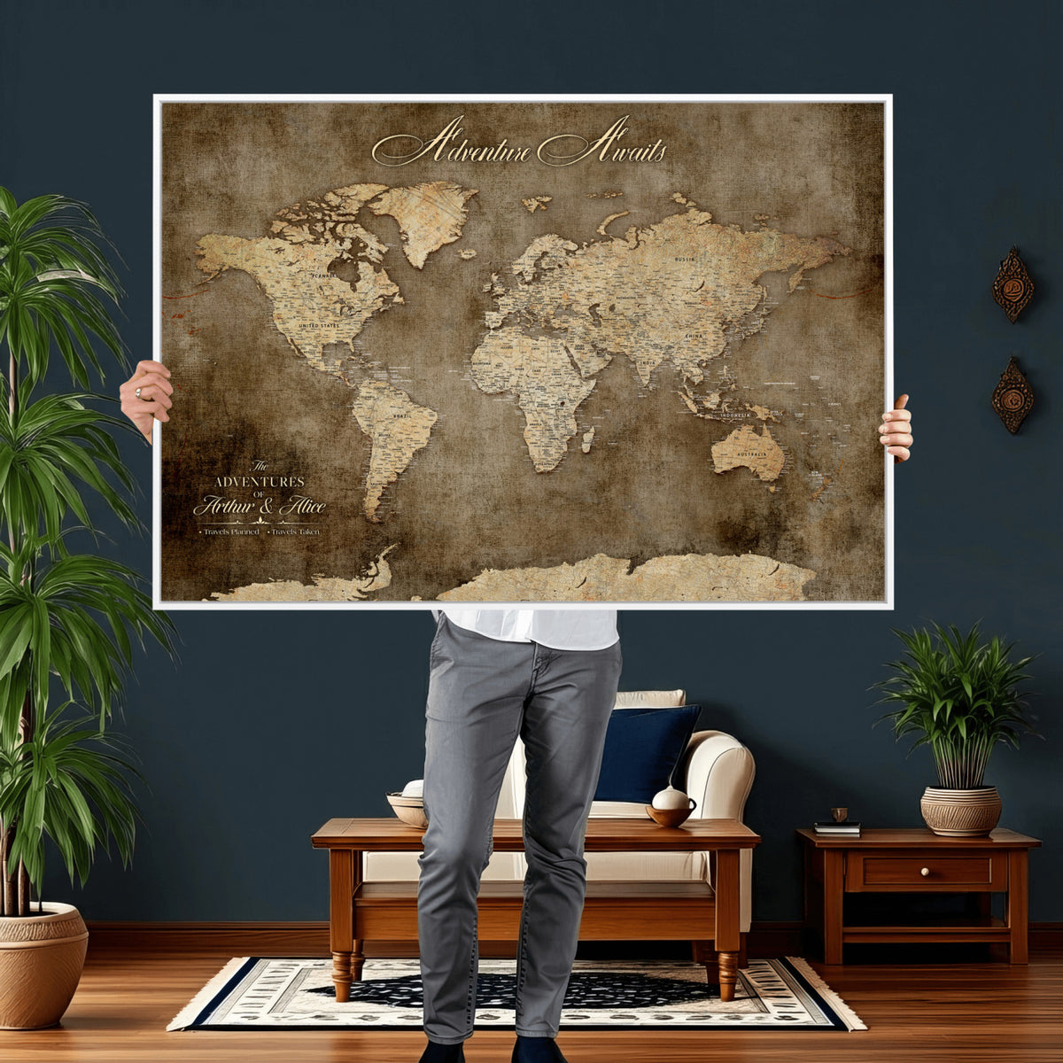 61836190-MGV-CV-36X24 - Custom Push Pin World Map Wall Art Canvas Print | Personalized Travel Tracker with Pins Framed Large for Home and Office Decor