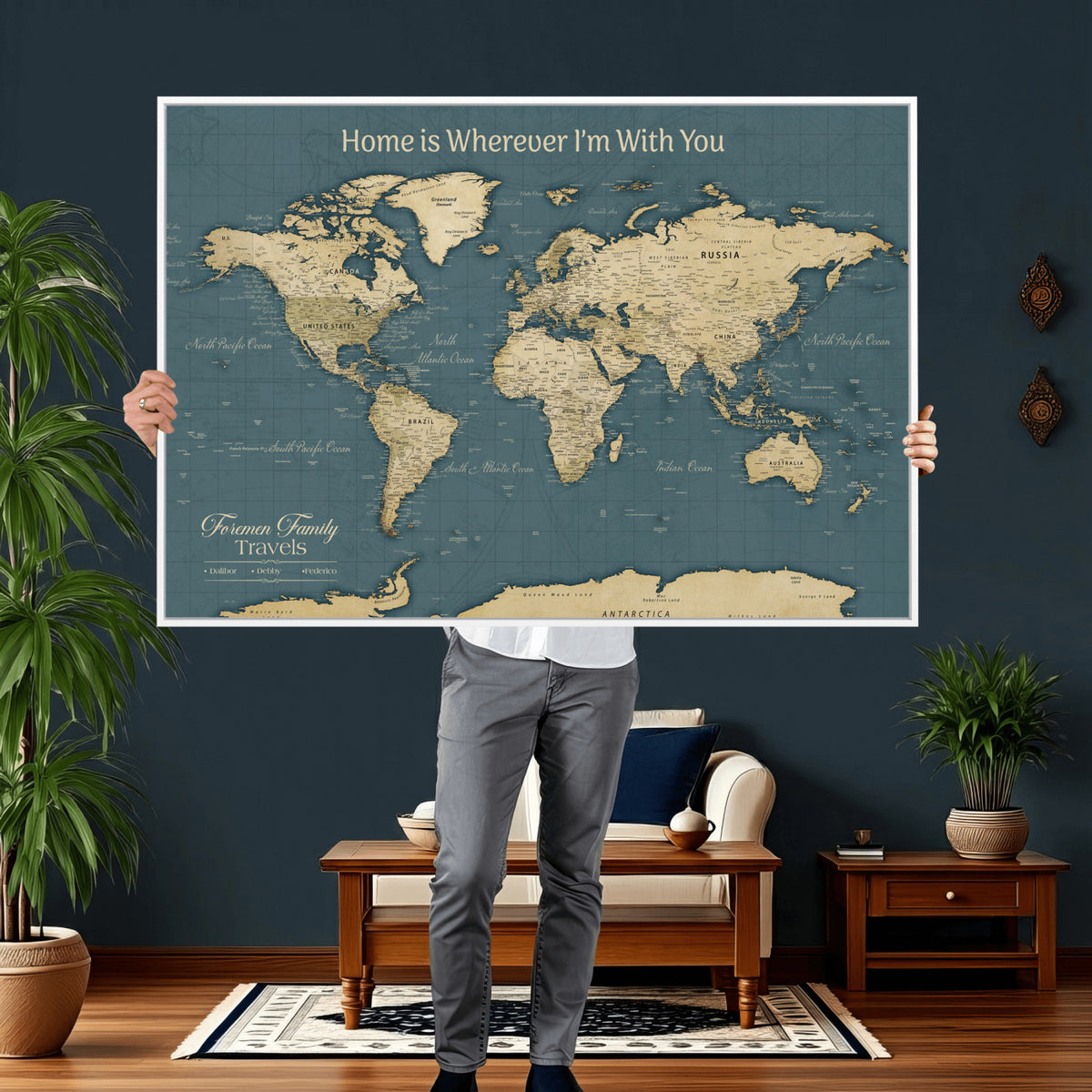 15936891-MGV-CV-36X24 - Custom Push Pin World Map Wall Art Canvas Print | Personalized Travel Tracker with Pins Framed Large for Home and Office Decor