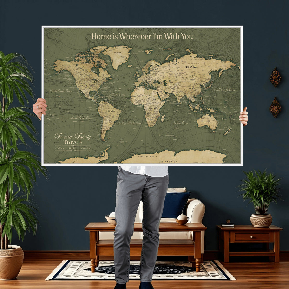 31715895-MGV-CV-36X24 - Custom Push Pin World Map Wall Art Canvas Print | Personalized Travel Tracker with Pins Framed Large for Home and Office Decor