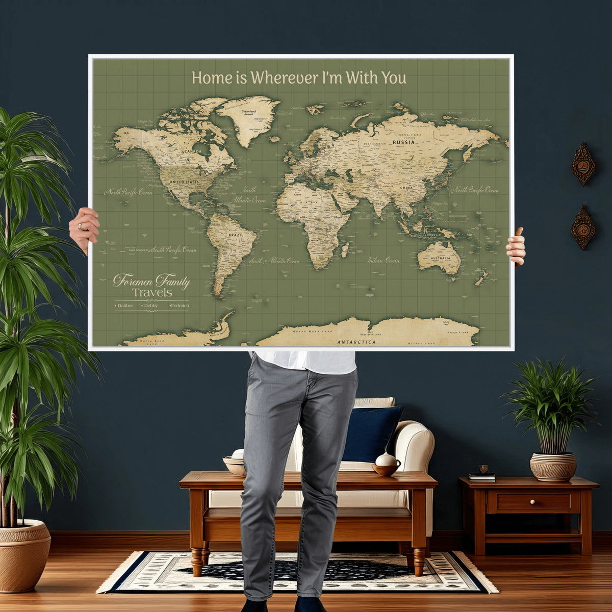 88521244-MGV-CV-36X24 - Custom Push Pin World Map Wall Art Canvas Print | Personalized Travel Tracker with Pins Framed Large for Home and Office Decor