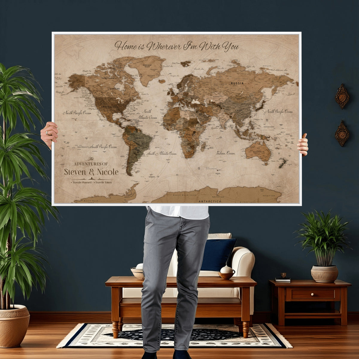 67360040-MGV-CV-36X24 - Personalized Framed Navy Geometric World Map Canvas with Push Pins, Couples Countries Visited Map, Living Room and Hallway Decor