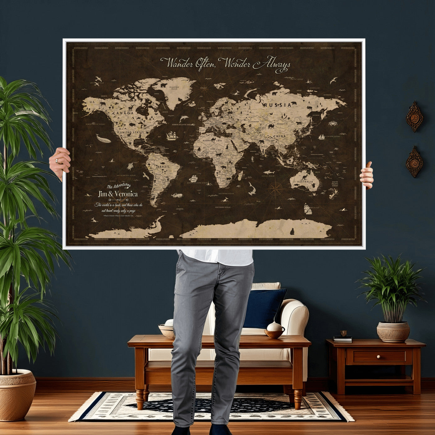 20091587-MGV-CV-36X24 - Custom Push Pin World Map Wall Art Canvas Print – Personalized Travel Tracker with Pins Framed Large for Home and Office Decor