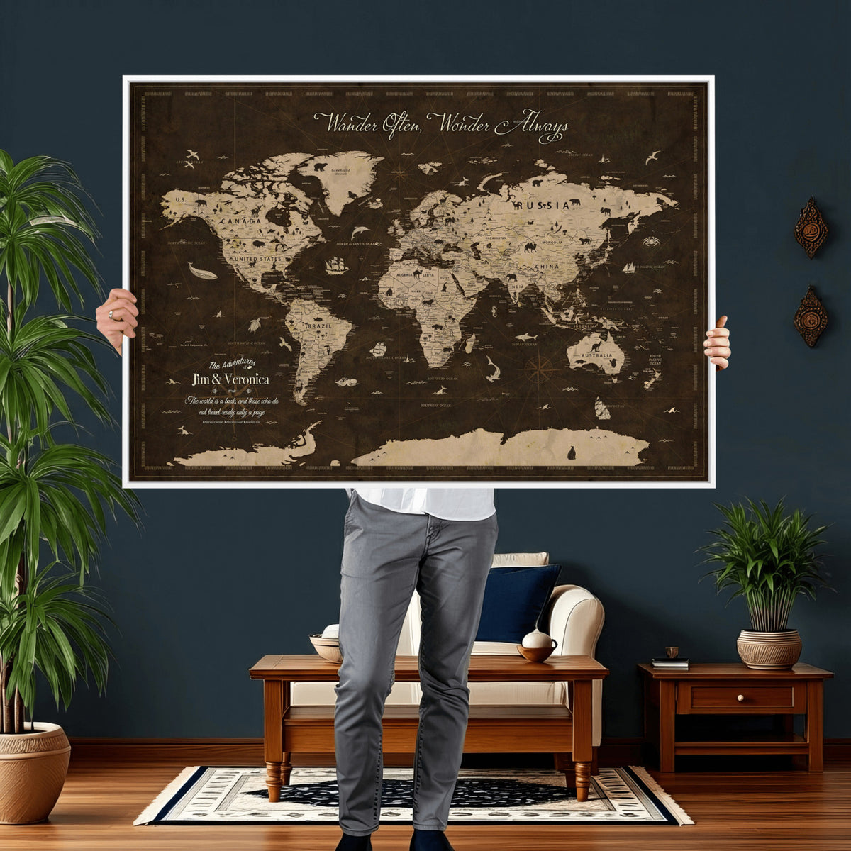 20091587-MGV-CV-36X24 - Personalized Framed Navy Modern Push Pin Travel Map Canvas Print, Places Visited Tracker, Living Room and Home Office Decor
